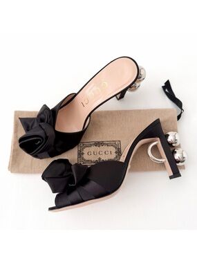 GUCCI | Black Satin Shawana Bow Flower Mule Heels with Silver GG Ball Heel EU 37